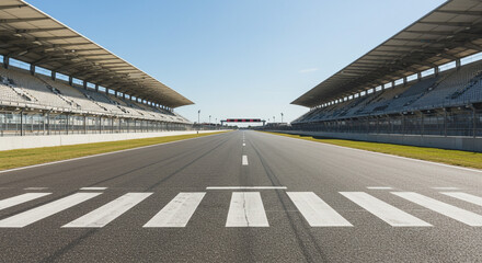 A view of an empty race track with grandstands on either side under a clear blue sky during the day
