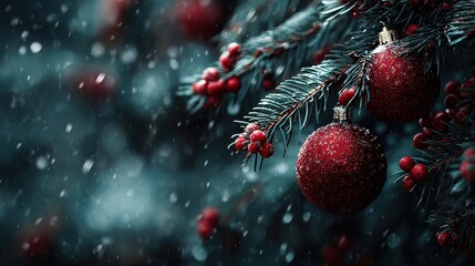 Christmas ornaments hanging on a tree with red berries while snowing in the winter season creating a festive Holiday atmosphere