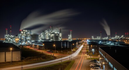 Fototapeta premium Illuminated industrial plant at night with smoke and moving traffic lights