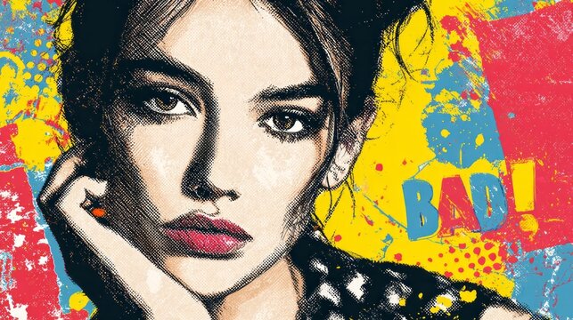 Pop art illustration of  with vibrant colors, a pop art style background with brush strokes and splashes of color, and various pop art elements, with a pop art effect. 