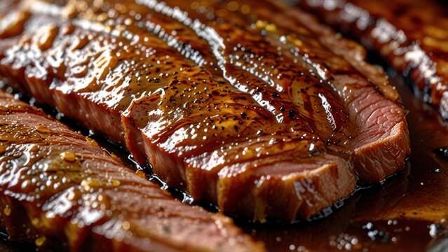 Sticky Glaze Rivulets on Roasted Beef Surface, Glossy Dark Texture

