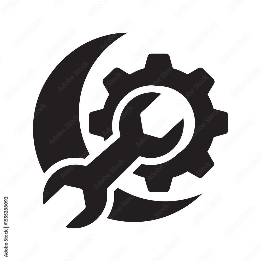 Poster repair service icon with gear and wrench in a crescent moon shape a symbol for maintenance and techn