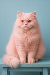 Um gato lindo, muito peludo, cor-de-rosa, sentado em um banco de madeira azul claro com fundo azul claro.