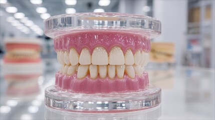 Close-up of plastic teeth model showcasing dentistry and oral hygiene in a dental office