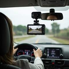 Dash cam installation in car for safety and security while driving on road with woman driver view