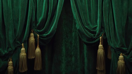 Deep emerald green velvet stage curtains with ornate tassels.