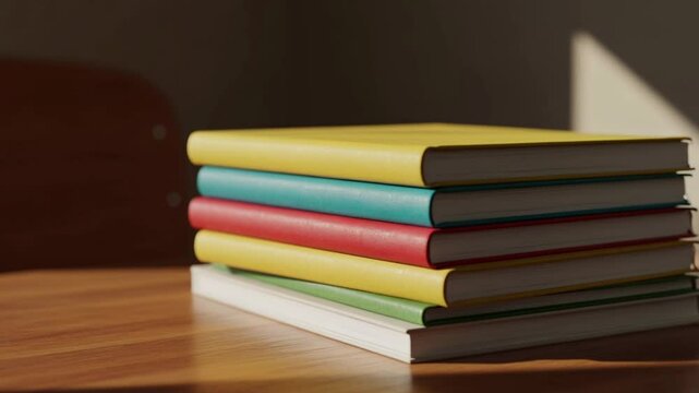 A neat stack of colourful school notebooks lies on a teacher's desk 