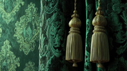 Emerald green damask fabric with ornate tassels.