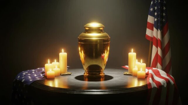 Gold urn candles and American flag on round table somber memorial tribute cinematic scene perfect for video production remembrance or tribute video projects.  Gold urn memorial video production 