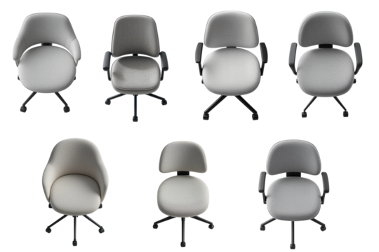 Top-down Minimalist Designer Office Chair Set with Rounded Backrest, Black Base, and Neutral Gray Upholstery – Transparent Background for Collages and Floor Plan Visualization