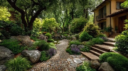 Garden path leads to a beautiful house on a sunny day with lush greenery and a small waterfall