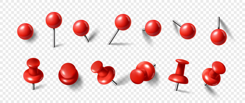 3D red pin set. Plastic round thumbtack in different angles. Sharp rivets for fixing notes on planks. Office stationary. Realistic vector illustration collection isolated on transparent background