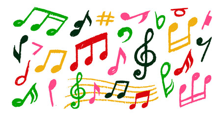 Chalk Textured Music Notes Set. School paintbrush doodle icons with music notation for melody. Design Elements for Print. Hand drawn vector illustration collection isolated on background