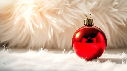 Shiny Red Christmas Ornaments on White Fur Background
