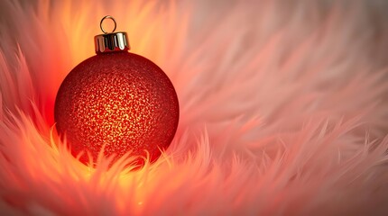 Red Glitter Christmas Ornaments on White Fur Background