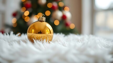 Shiny Gold Christmas Ornaments on White Fur Background