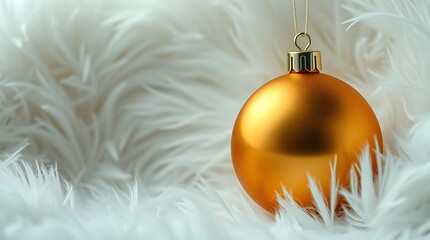 Gold Christmas Ornaments on White Fur Background