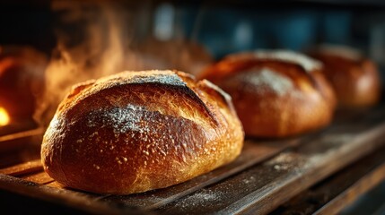 Fresh sourdough bread loaves just baked in an oven at a bakery, artisan bread loaves are on a baking sheet