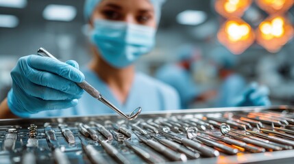 Close up of gloved hands holding dental instruments over a tray filled with other tools in preparation for a procedure at a medical office