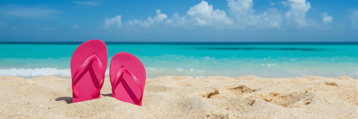 Naklejka premium Pink flip flops on the sand. Tourism promotion banner concept.
