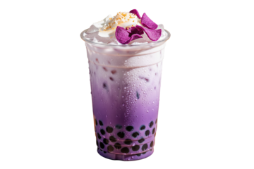 iced ube bubble tea with whipped cream and purple yam garnish
