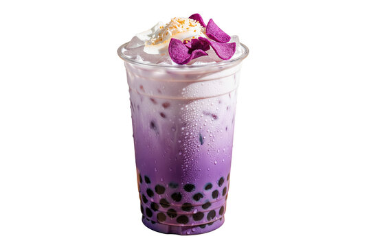 iced ube bubble tea with whipped cream and purple yam garnish