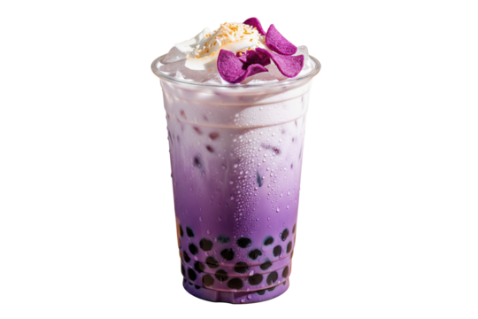 iced ube bubble tea with whipped cream and purple yam garnish - Powered by Adobe