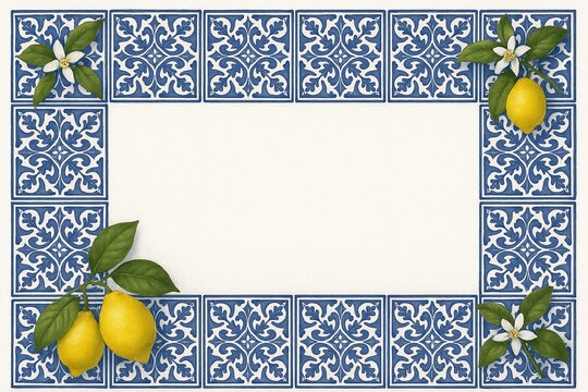 Blank center surrounded by Portuguese azulejo tiles and vibrant lemon branches.