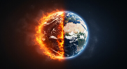 Earth divided with one half engulfed in flames and the other half appearing normal in dark space