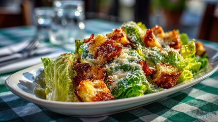 Fresh caesar salad with romaine lettuce, croutons, Parmesan cheese, and dressing served on a white plate with a fork and green checkered tablecloth