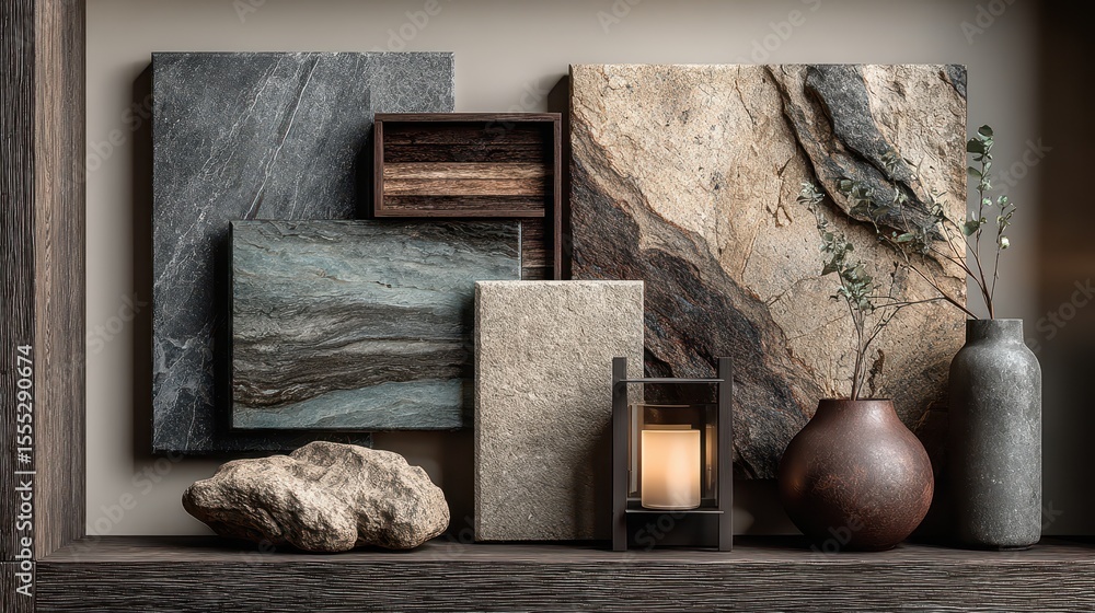Poster assorted stone and wood materials arranged on a wooden shelf with natural light providing ambiance a