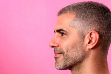 Obraz premium A confident and poised man in a professional setting. Chic men's buzz cut haircut - midlife middle eastern man with middle hair. Concept layout of style for aging men. Pink solid background.