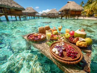 Tropical breakfast on a floating wooden tray over crystal-clear turquoise waters with a variety of fresh fruits against a backdrop of traditional overwater bungalows