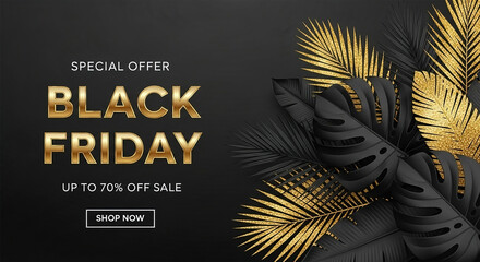 Black friday sale background with tropical leaves. Modern luxury design.Universal background for poster, banners, flyers, card.