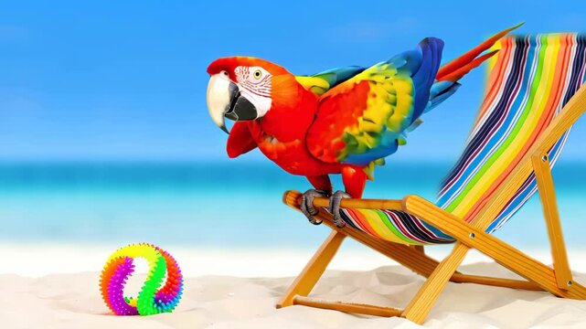 Bright parrot with colorful wings sits on a beach chair with rainbow ball, blue sea. Copyspace for your text