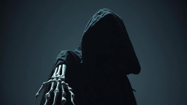 Grim reaper reaching towards the camera over dark background