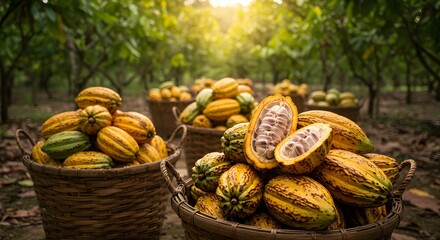 World Chocolate Day: Cacao Farm with Multiple Baskets Overflowing with Freshly Harvested Cacao Pods, Highlighting the Abundance and Vital Start of Chocolate Production









