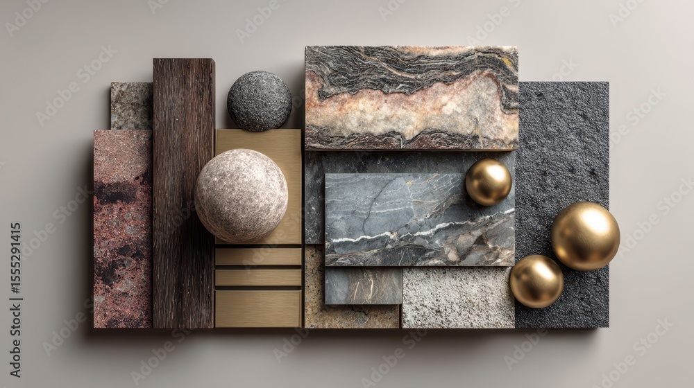 Poster assorted stone and wood materials arranged on a wooden shelf with natural light providing ambiance a