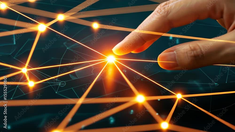 Poster connection's touch: a hand gently interacts with a glowing network of interconnected nodes, symboliz