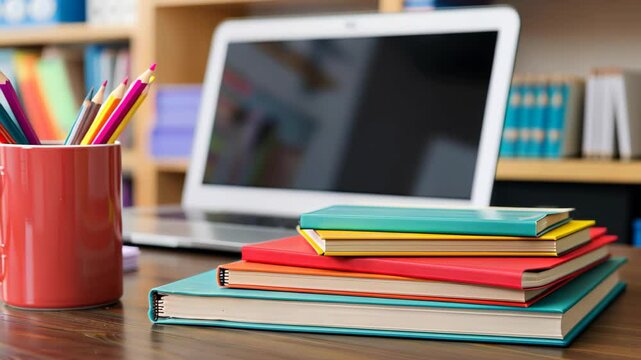 Workspace serenity: A laptop rests near a stack of vibrant books and a pencil holder, capturing a tranquil environment perfect for study or creative pursuits.