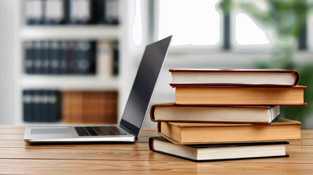 Books and Laptop on Desk: A captivating composition featuring a stack of books and a sleek laptop on a wooden desk, symbolizing knowledge, education, and the integration of technology and learning.