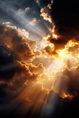 Powerful golden light bursting through clouds – symbol of divine energy, spiritual awakening and hope
