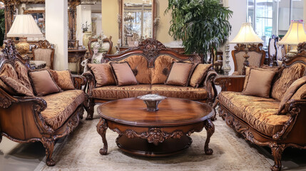 Traditional Carved wood, rich tones, formal settings.