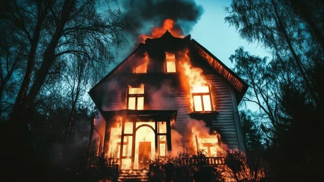 Burning House Engulfed in Flames at Night with Trees Silhouetted Against the Sky