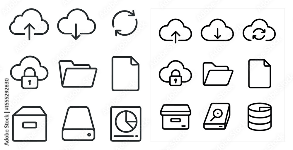 Poster set of icons for cloud storage, including a folder, a file, and a disk. the icons are all in black a
