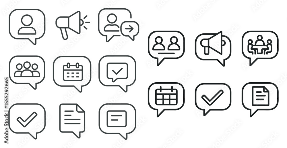 Fototapete set of icons for a messaging app. the icons include a person with a megaphone, a person with a check