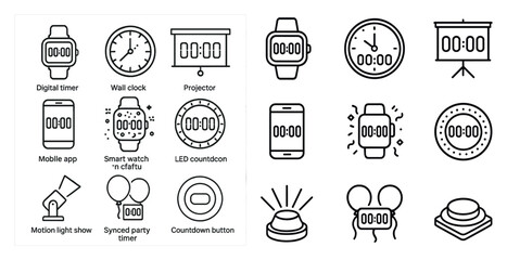 Set of icons for various devices and apps, including a smart watch, a cell phone, a projector, and a digital timer