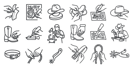 Series of images of people working with leather goods, including a man sharpening a knife and a woman sewing a hat