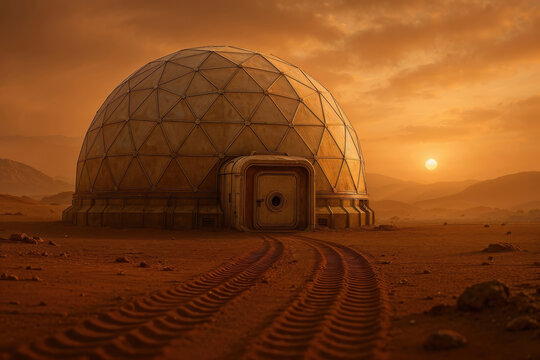 Futuristic Mars Colony Dome In Remote Martian Desert With Tracks Leading Into Sunset Horizon