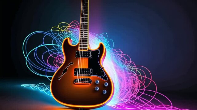 Electric guitar with brown body and black pickguard surrounded by colorful light trails on dark background